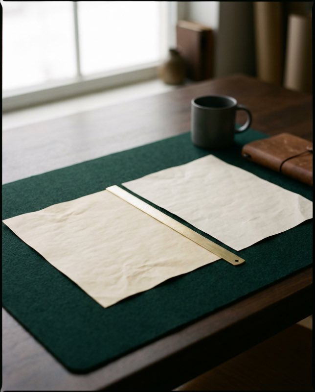 Two sheets of paper side by side with a brass rule between them